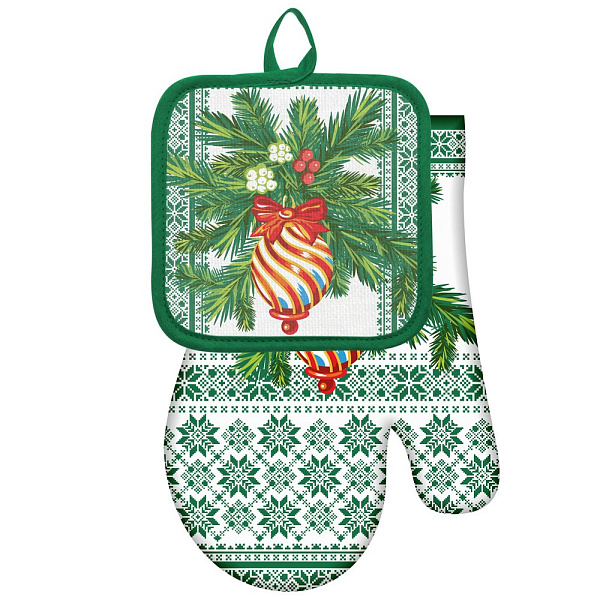 Набор Прихватка с рукавицей "Новогодние узоры". Размер 16х16см/17х27см. 4 диз.