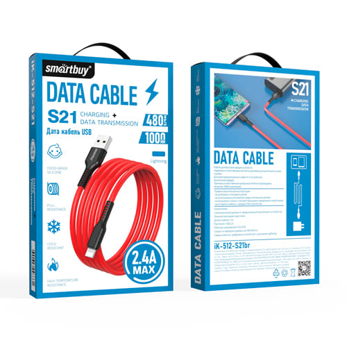 Кабель для зарядки и передачи данных S21 Lightning красный, 2.4 А, сил.,1 м, Smartbuy (iK-512-S21br)