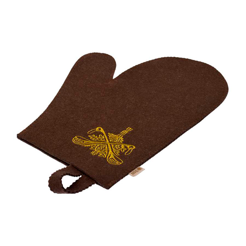 Рукавица для сауны коричневая с вышитым логотипом "Банные Штучки", войлок