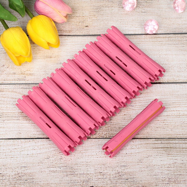 Бигуди пластмассовые-коклюшки с резинками 10шт d-1.8см "KUDRI", цвет розовый, (прозрачный пакет с подвесом)