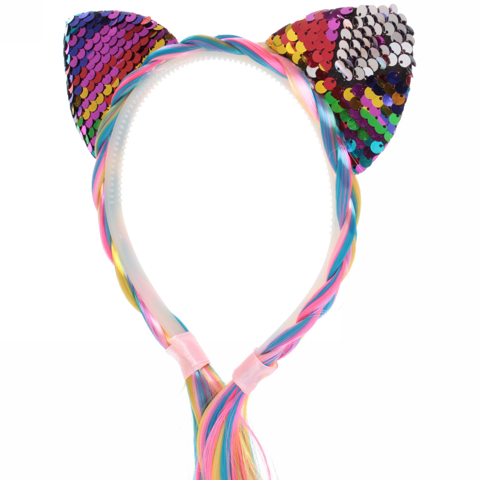 Ободок карнавальный с косой "Радужная кошка" 40 см, микс