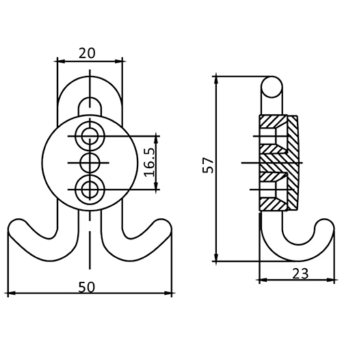 Крючок мебельный Trodos "DMZ-30020" 2-рожковый, сплав ЦАМ, хром (5/50)