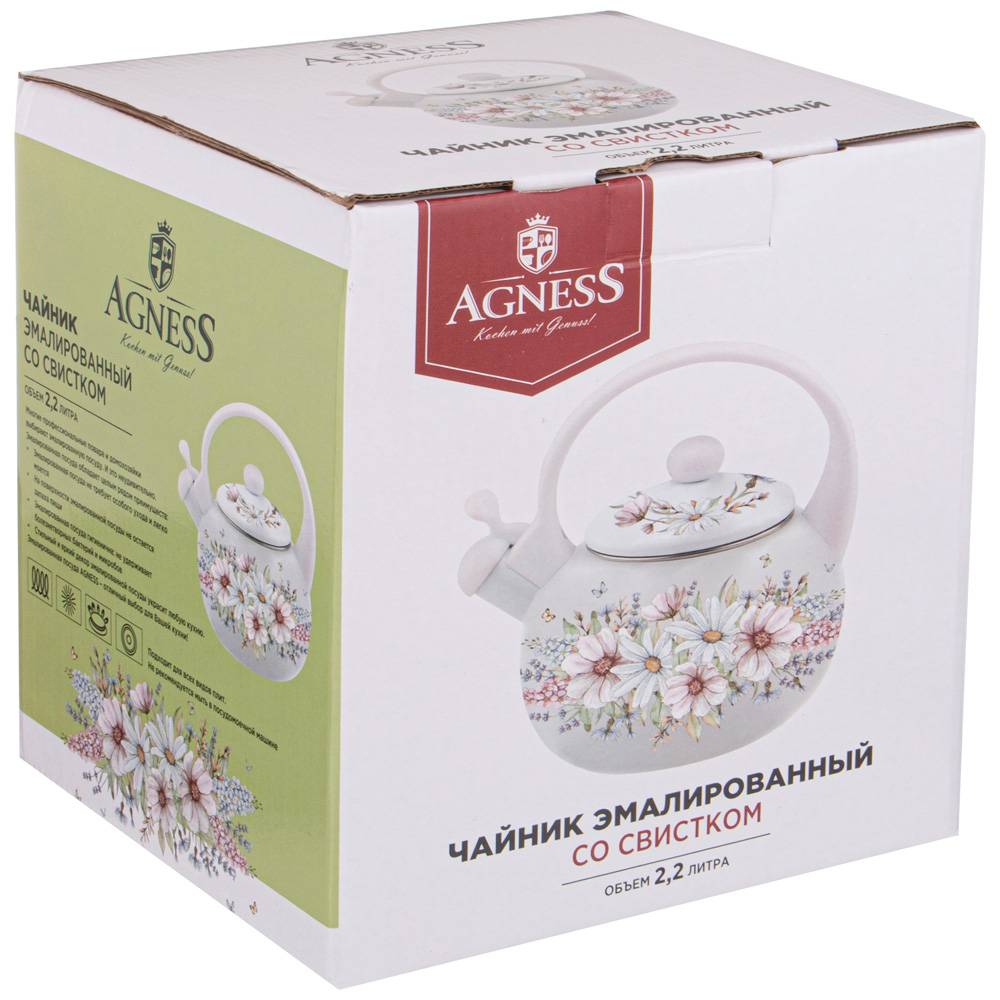 ЧАЙНИК AGNESS ЭМАЛИРОВАННЫЙ СО СВИСТКОМ, СЕРИЯ, ДВОРЦОВЫЙ ПАРК, 2, 2Л, ИНДУКЦИОННОЕ ДНО