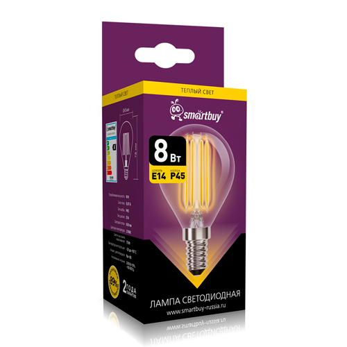 Светодиодная (LED) Лампа FIL Smartbuy-P45-8Вт/2700К/E14 (SBL-P45F-8-27K-E14)/100
