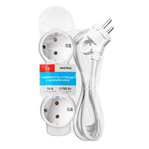 Удлинитель New, 3 гнезда 5 метров 16А/3,5кВт с заземлением ПВС 3х1,0 мм² (SBE-16-3-05m-Z)/32