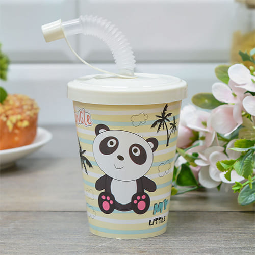 Стакан детский с крышкой, трубочкой и колпачком 280 мл, с декором Панда, светло-бежевый