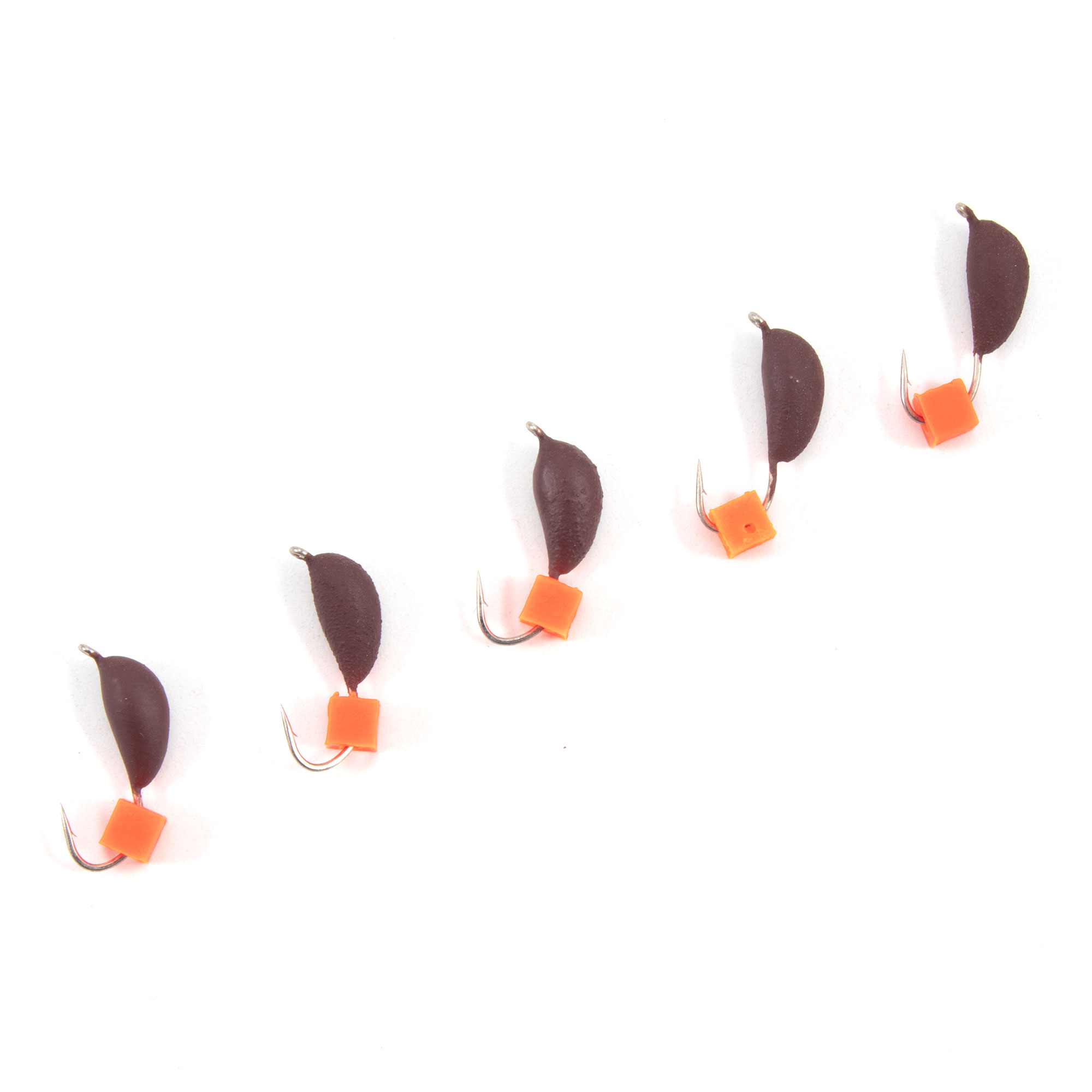 Мормышка безнасад. ЯМАН "Банан" матовый шоколад, d-4 мм, вес 1 г, ядреный кубик красный (уп.5 шт)