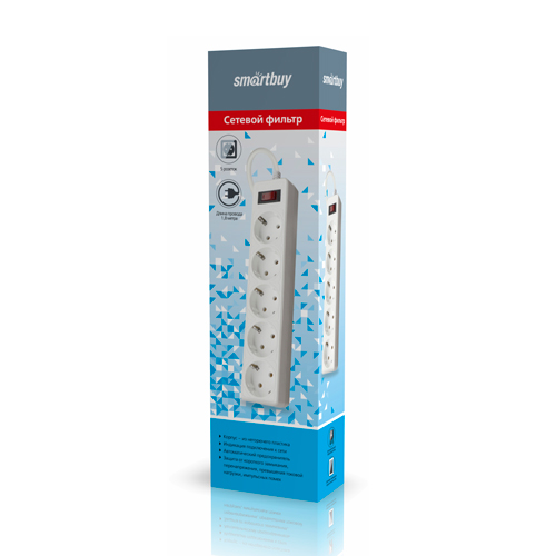 Сетевой фильтр Smartbuy, 10А, 2200 Вт, 5 гнезд, без з/ш, земля, ПВС 3x0,75, 1,8 м, белый (SBSP-18-W)