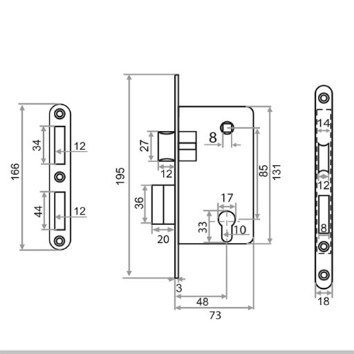 Замок врезной 85R1 цилиндровый с защелкой без ручки, никель