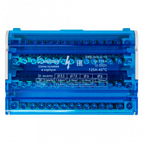 Шина на DIN-рейку в корпусе 4х15 на DIN-рейку, SBE-bc0-4-15