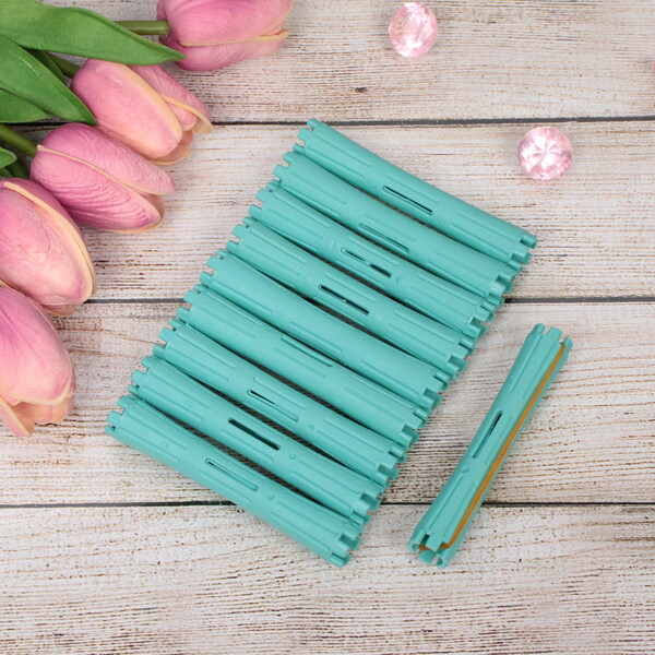 Бигуди пластмассовые-коклюшки с резинками 10шт d-1.4см "KUDRI", цвет мятный, (прозрачный пакет с подвесом)