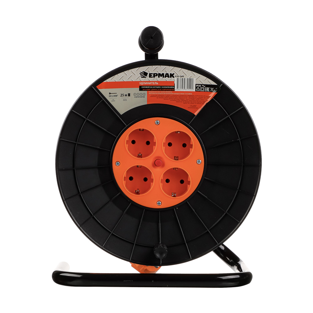 ЕРМАК Удлинитель силовой на катушке с зазем, 4 гнезда, евро, 3х1,5 мм2,  25м (маск.нагр. 13А,2,2кВт)