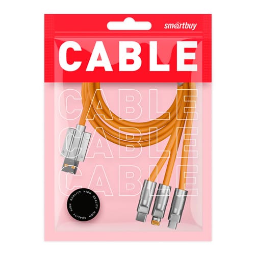 Кабель для зарядки, 3-в-1 супертолстый BOLD TYPE C+LIGHTNING+MICROUSB, 3А, TPE, 1 м, Smartbuy, оранжевый