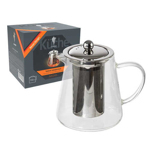 Чайник заварочный AROMA 750 мл, боросиликатное стекло, нержавеющая сталь