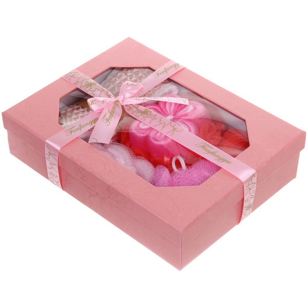 Набор банный в подарочной коробке "PREZENT", розовый/красный (три мочалки), 24*7*19*6см