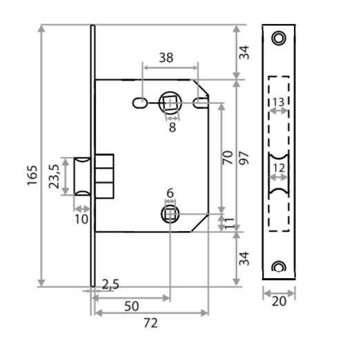 Защелка врезная Trodos PE70 с фиксацией под поворотную ручку с прямоугольной планкой, металл,черный никель