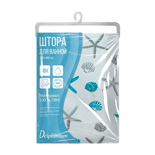 Штора для ванной Delphinium "Ракушки" ПВХ 180х180 см, 12 колец, голубой
