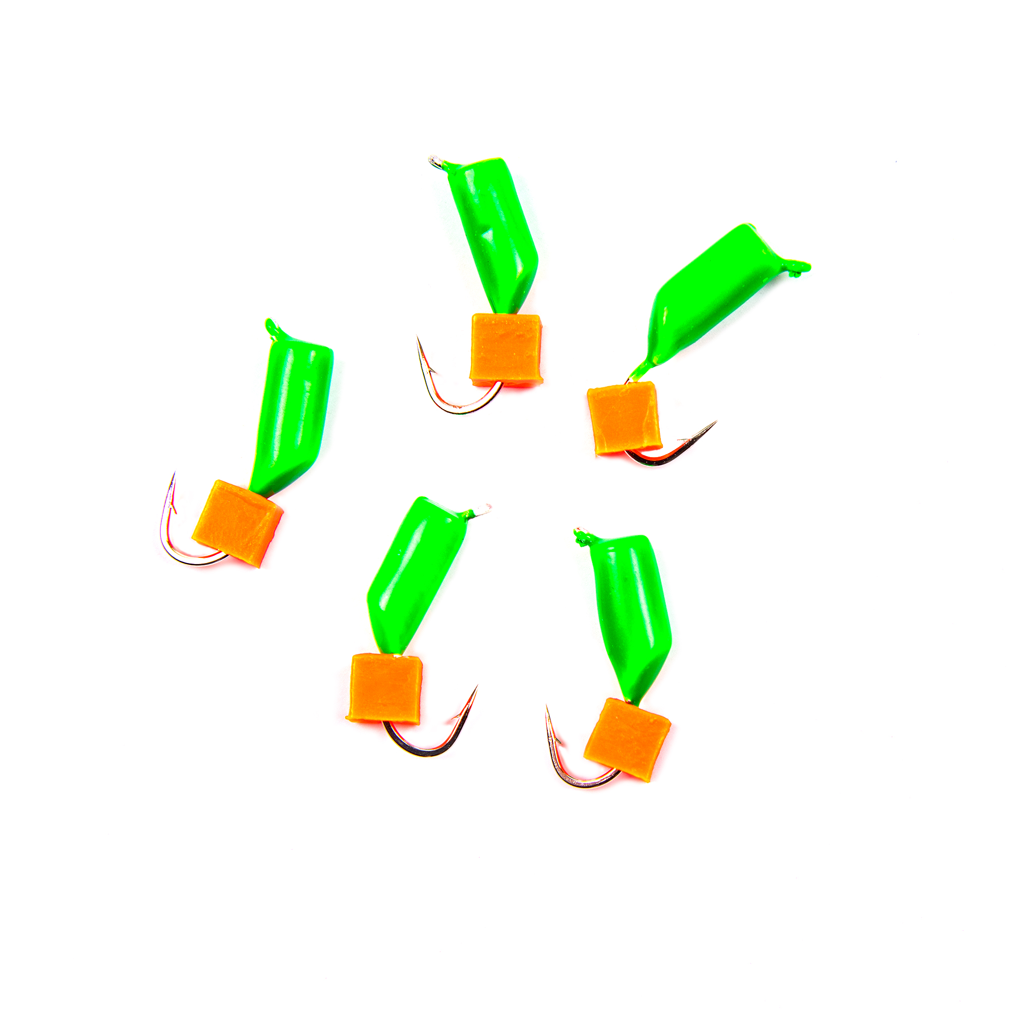 Мормышка безнасад. ЯМАН "Гвоздекубик" зелёный, d-3 мм, вес 0,85 г, ядреный кубик красный (уп. 5 шт.)