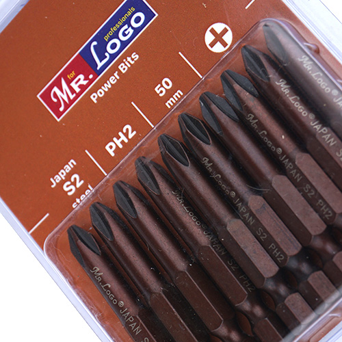 Биты PH2 50мм -10шт LOGO  (Япония) с магн.наконечником (1/100)