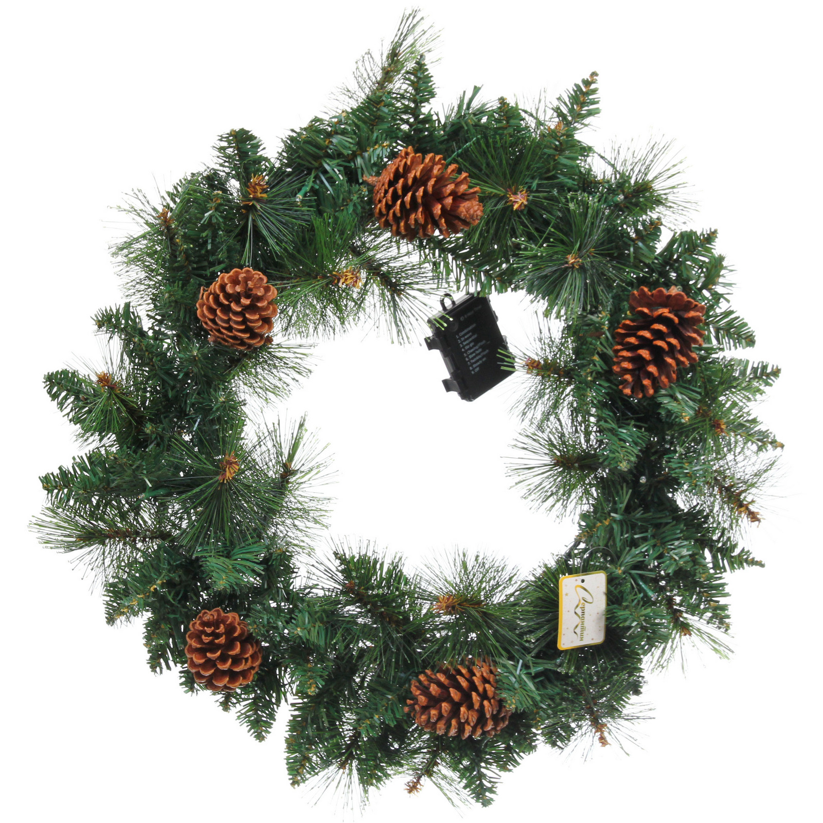 Венок хвойный "Богатство шишек" d-60 см леска, ПВХ, свечение - Теплый белый