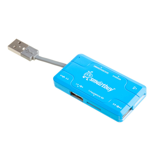 Картридер + Хаб Smartbuy 750, USB 2.0 3 порта+SD/microSD/MS/M2 Combo, голубой (SBRH-750-B)