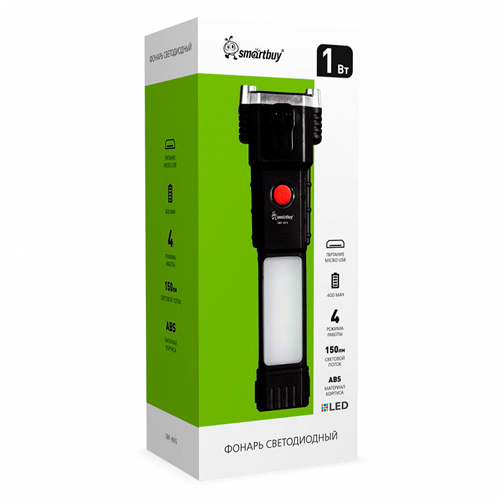 Фонарь светодиодный, с прямым LED и боковым светом,  MicroUSB, раскалыват. 16,8х5 см, ABS, Smartbuy