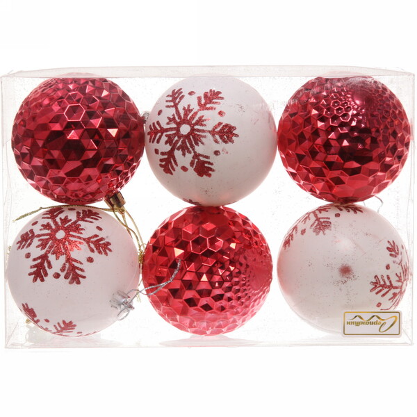 Набор шаров 8 см "Снежное сияние" (в наборе 6 шт), Красный/Белый