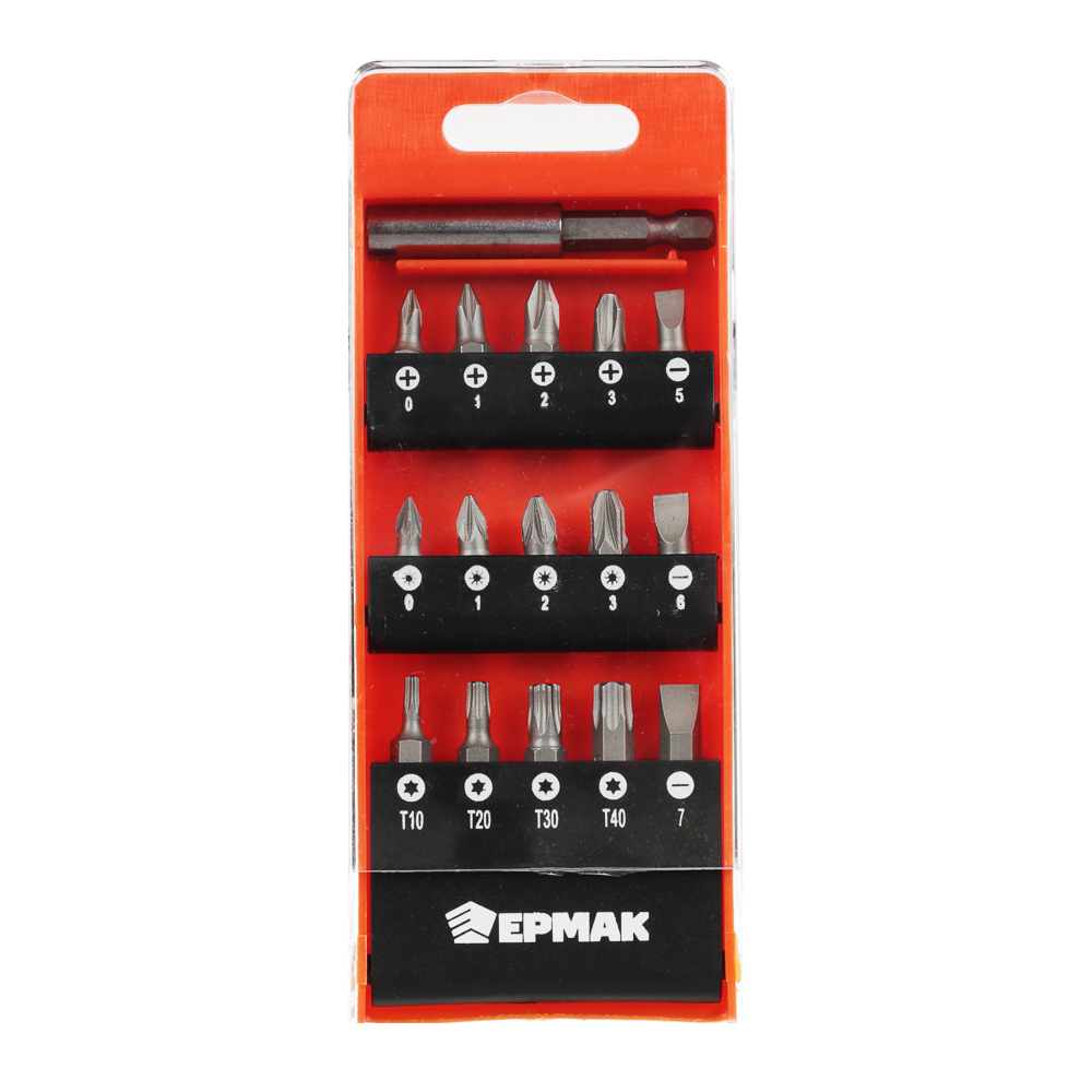 ЕРМАК Биты с держателем, 15 шт., в пласт. кейсе, 25 мм, PH0, 1, 2, 3, PZ0, 1, 2, 3 , SL5, 6, 7,T10