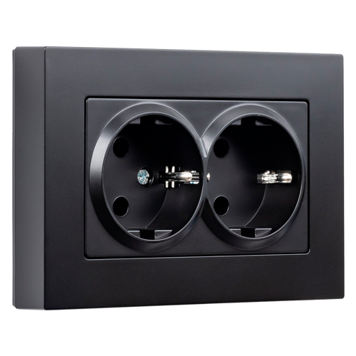 Розетка двойная с заземлением черная  с рамкой "Нептун" (SBE-06b-16-S2-Z)
