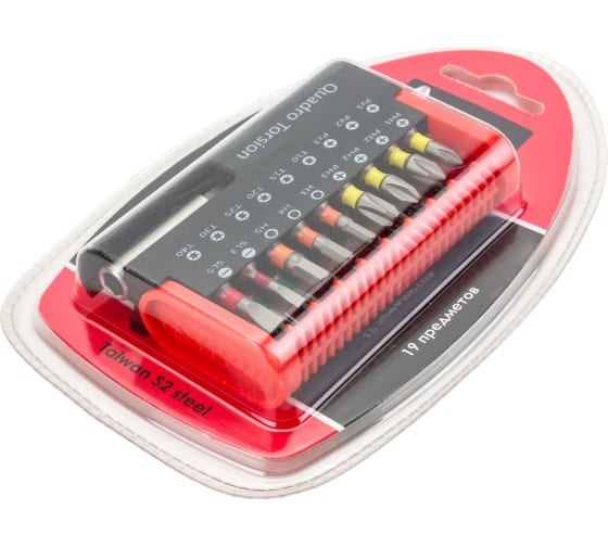 Набор бит "Quadro Torsion" 19 предметов: Ph1,2,2,3, Pz1,2,3, шестигранник 3,4,5 мм, Torx 10,15,20,25,30,40, шлиц 3,5 х 25 м, держатель