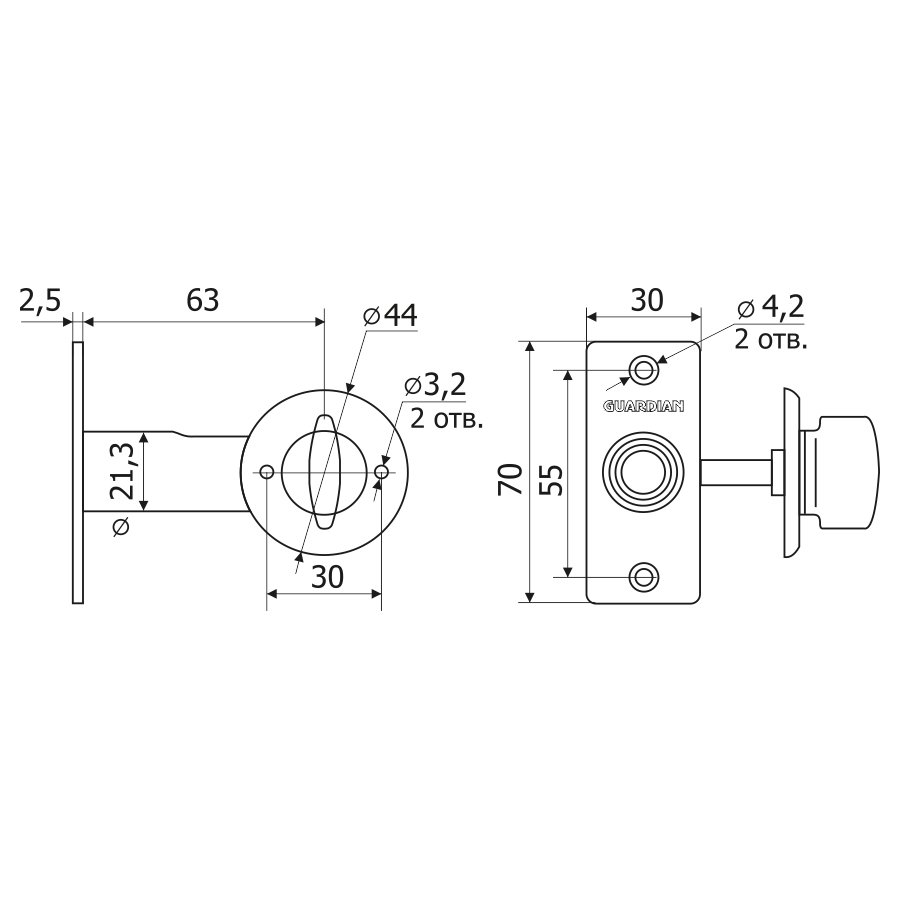 Гардиан 4351 Задвижка дверная  б/о под квадрат 6мм (50)