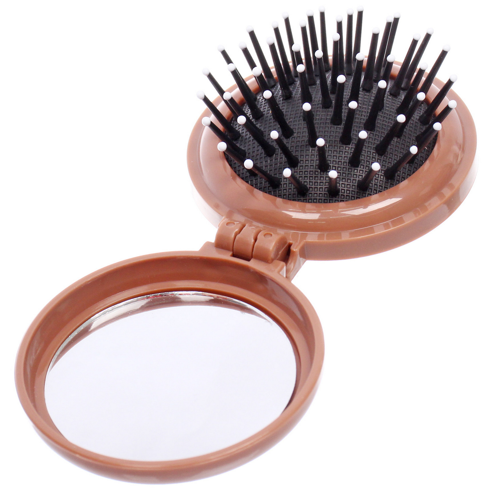 Расчёска массажная складная с зеркалом "БАМБИ БУМ", цвет шоколад, d-6.5см (пакет с подвесом)