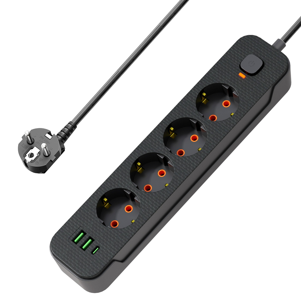 BY Удлинитель 3 м, 4 гнезда с зазем. + 2USB+ 1type C с защ., с выкл. черн. карбон сеч провода 1мм