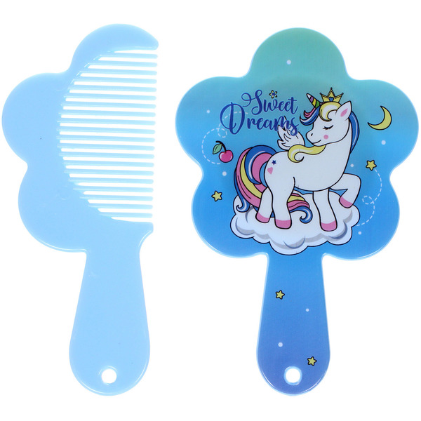 Расческа с зеркалом в наборе детские "МИМИШКИ", единорог, цвет голубой, 11см 
