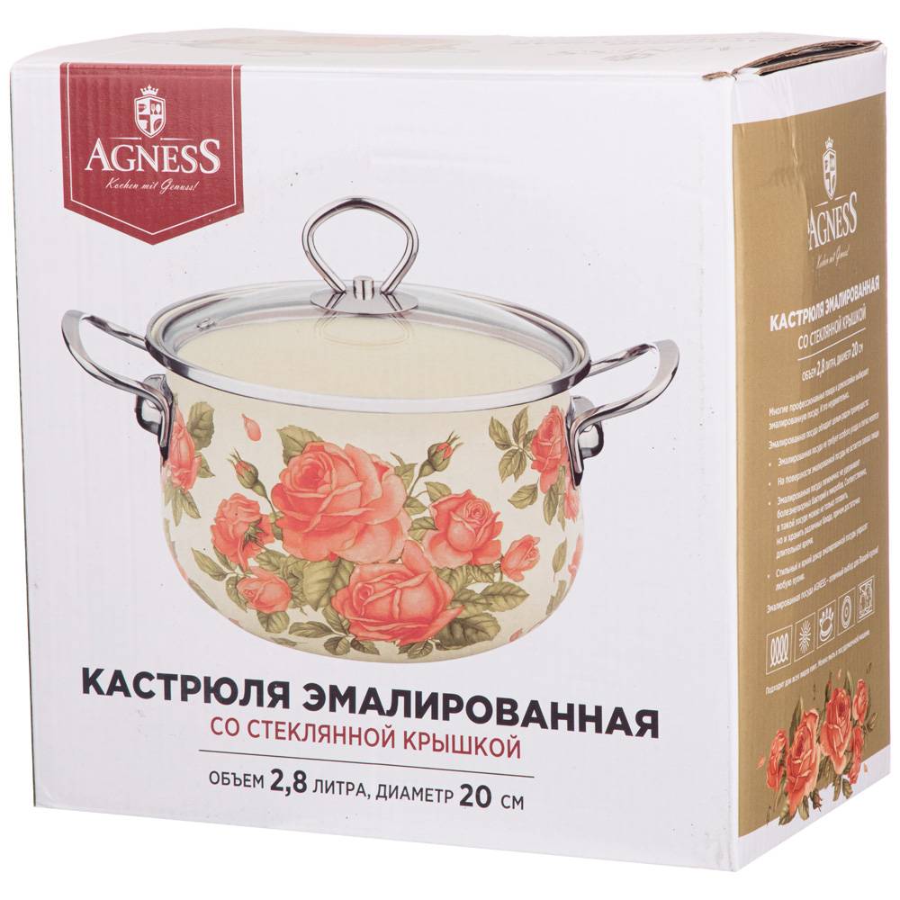 КАСТРЮЛЯ ЭМАЛИРОВАННАЯ AGNESS СО СТЕКЛЯННОЙ КРЫШКОЙ СЕРИЯ, СЕКРЕТНЫЕ ИНГРЕДИЕНТЫ, 2.8 Л, 20*12 СМ