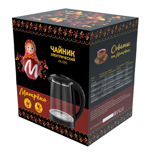 Чайник МАТРЁНА MA-009, электрический, 2,0 л, стекло, черный