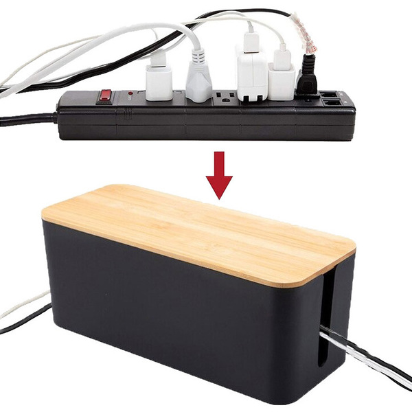 Органайзер для проводов с бамбуковой крышкой "ДОМАНИЯ", цвет чёрный, для удлинителей на 5 розеток, 40,5*13,6*15,7см