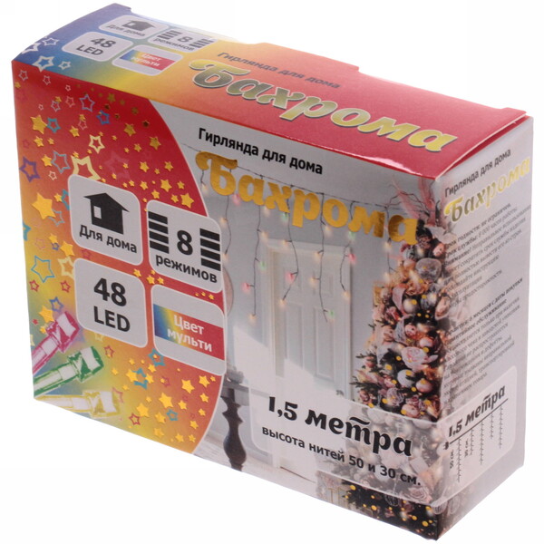 Гирлянда для дома БАХРОМА ш1,5м* в30/50 см 48 ламп LED, прозрачн. провод, 8 реж, IP-20, Мультицвет