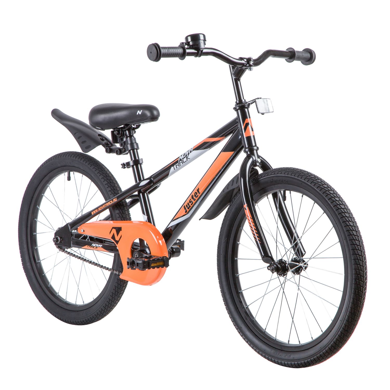Велосипед NOVATRACK 20", JUSTER,  чёрный, тормоз ножной, защита  А-тип, пластиковые крылья