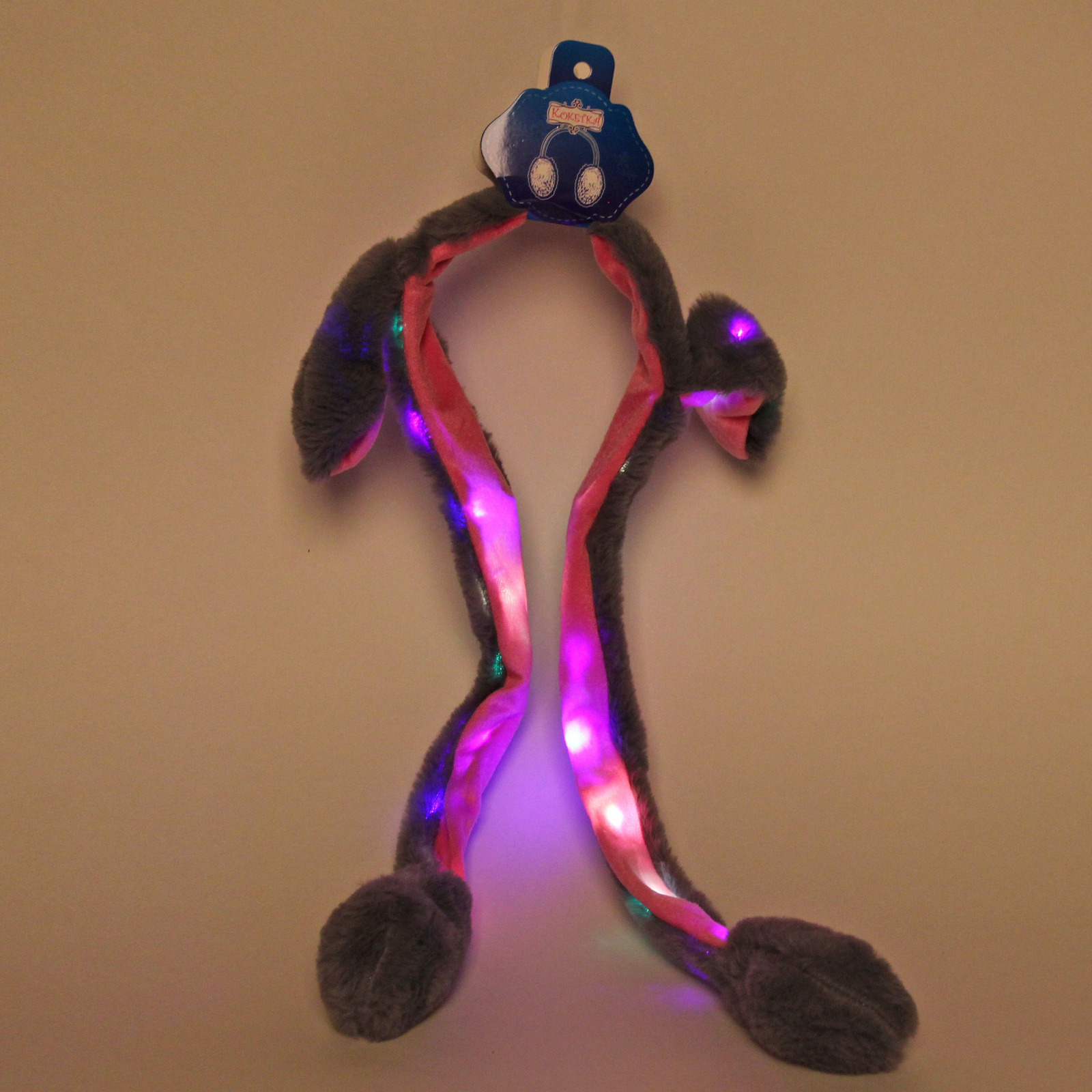 Наушники меховые светящиеся с двигающимися ушками "Salon Teplo ", зайка, цвет серый, ( подвес Ultramarine)