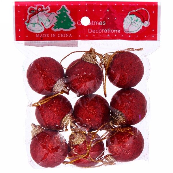 Новогодние шары 3 см (набор 9 шт) "Блестящее напыление", красный