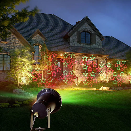 Лазерный проектор для улицы и дома VEGAS, 24 V,  6 типов проекций, двухцветный, зелёный и красный, с пультом, в комплекте с блоком питания