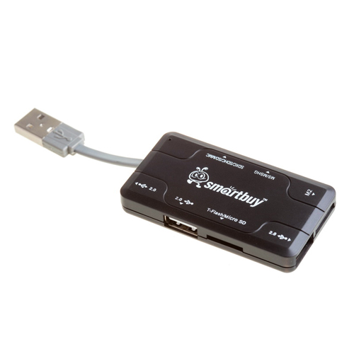 Картридер + Хаб Smartbuy 750, USB 2.0 3 порта+SD/microSD/MS/M2 Combo, черный (SBRH-750-K)