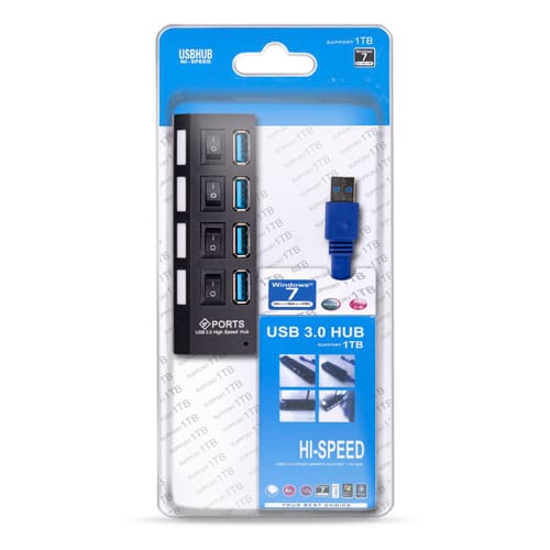 USB 3.0 хаб с выключателями, 4 порта, СуперЭконом, черный, SBHA-7304-B