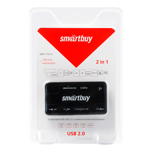 Картридер + Хаб Smartbuy 750, USB 2.0 3 порта+SD/microSD/MS/M2 Combo, черный (SBRH-750-K)