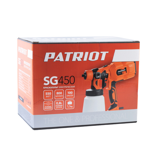 Краскопульт электрический PATRIOT SG 450 HVLP, 550 Вт, 800 мл/мин, 100 DIN/сек, сопло 2,5 мм