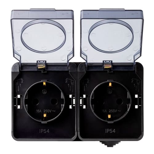 Розетка 2-местная с заземлением 16А с крышкой, IP54 "Сатурн" Smartbuy SBE-04b-16-S2-Z, черная