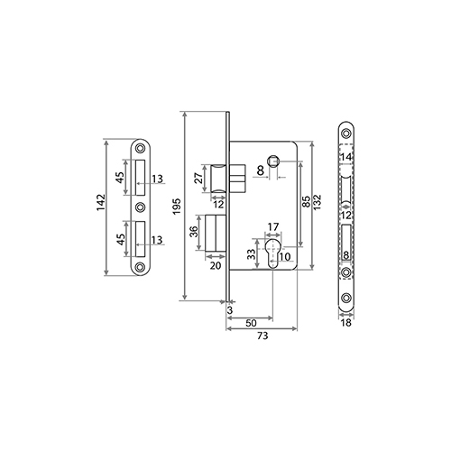 Замок врезной Trodos 85R1, цилиндровый с защелкой без ручки, золото