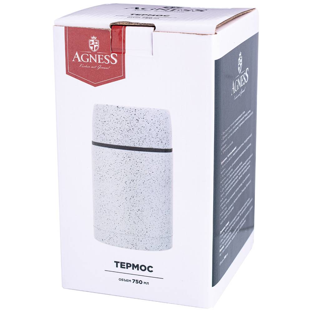 ТЕРМОС AGNESS С ШИРОКИМ ГОРЛОМ И КРЫШКОЙ-ЧАШКОЙ, 750МЛ, КОЛБА НЖС, КОР=12ШТ.