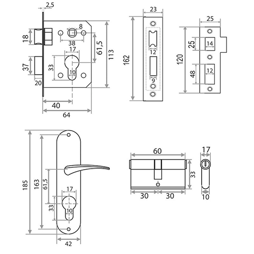 Замок врезной Trodos 61/76 цилиндровый с защелкой, с ручкой, бронза